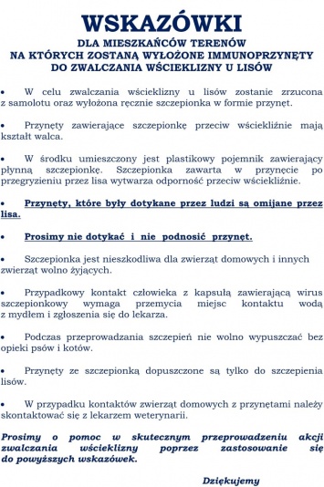  AKCJA DOUSTNYCH  SZCZEPIEŃ LISÓW WOLNOZYJĄCYCH PRZECIWKO WŚCIEKLIŹNIE - WSKAZÓWI